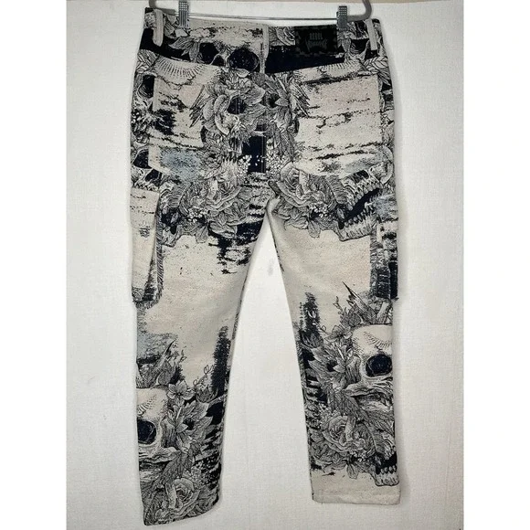 Rebel Vengeance Skull Skeleton Tapestry Cargo Pants Men's 36 Fringe On The Sides